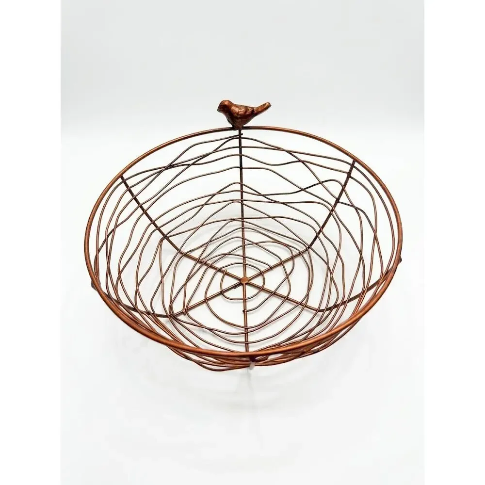 Vintage 1970s Handmade Copper Tone Wire Nest Baskets with Bird Finials Set of 2